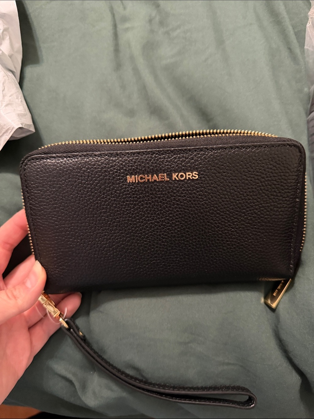 Michael Kors Black Pebbled Leather Zip-Around Wristlet with Gold Hardware